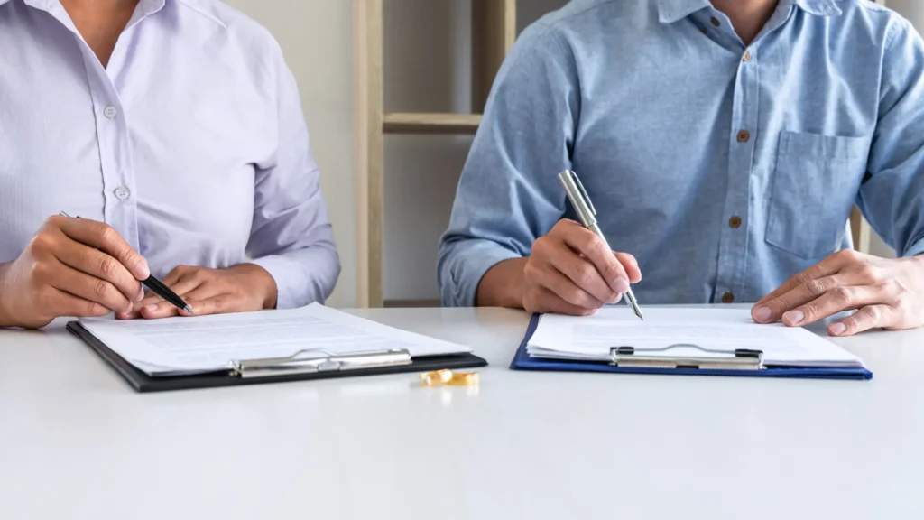 Kadın ile erkek önlerinde duran evrakları imzalıyor