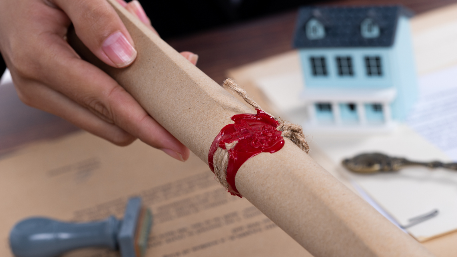 Bir masada maketten bir ev ve hemen önünde bir anahtar var.Masanın diğer tarafında bir evrak ve üzerinde mühür duruyor.Bir adet mühürlü evrak ve bir kişi de bunu eline almış birisine veriyor.