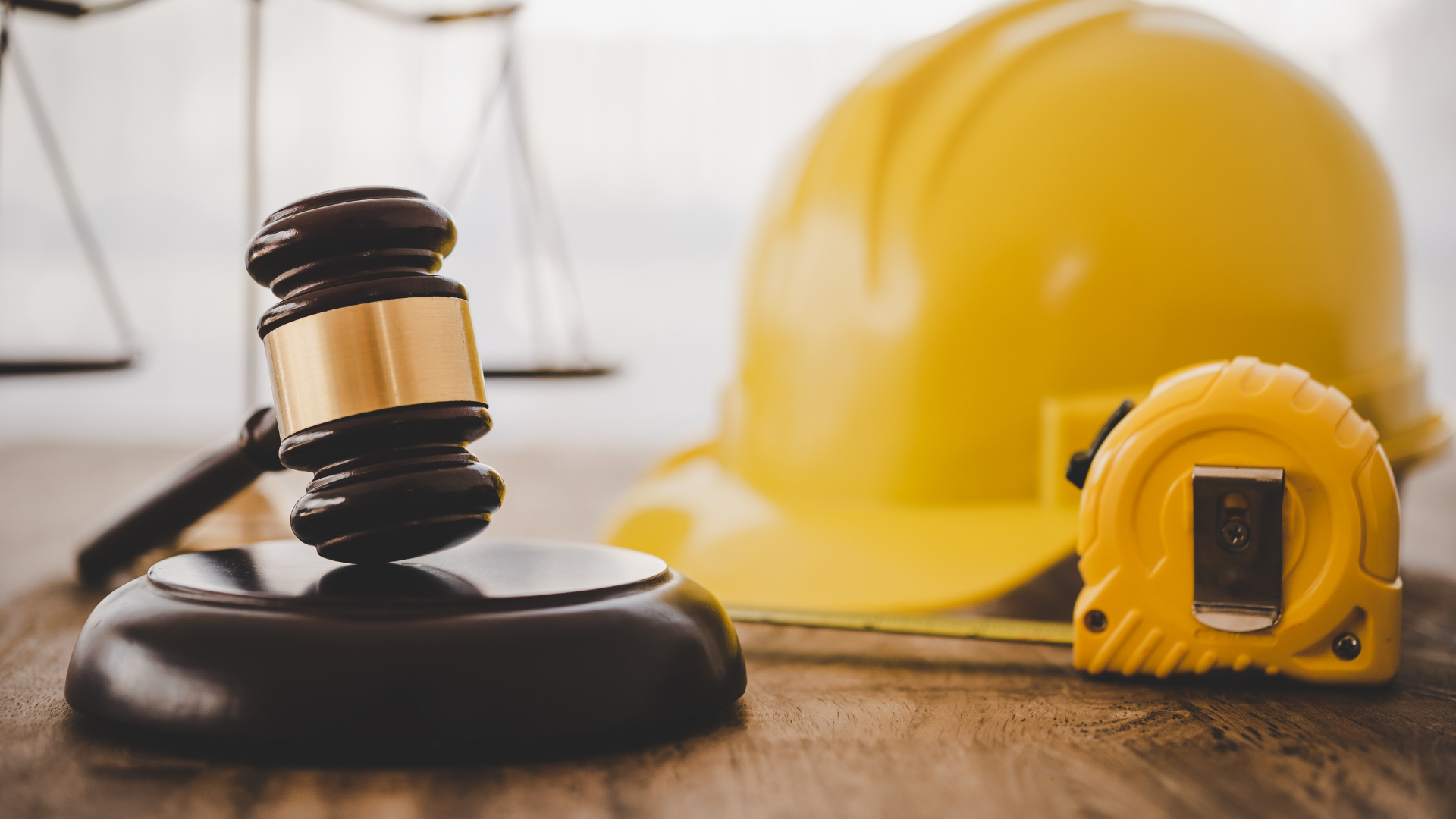 fotoğrafın bir tarafında hukuk terazisi ve tokmağı diğer tarafında işçi bareti ve metre var